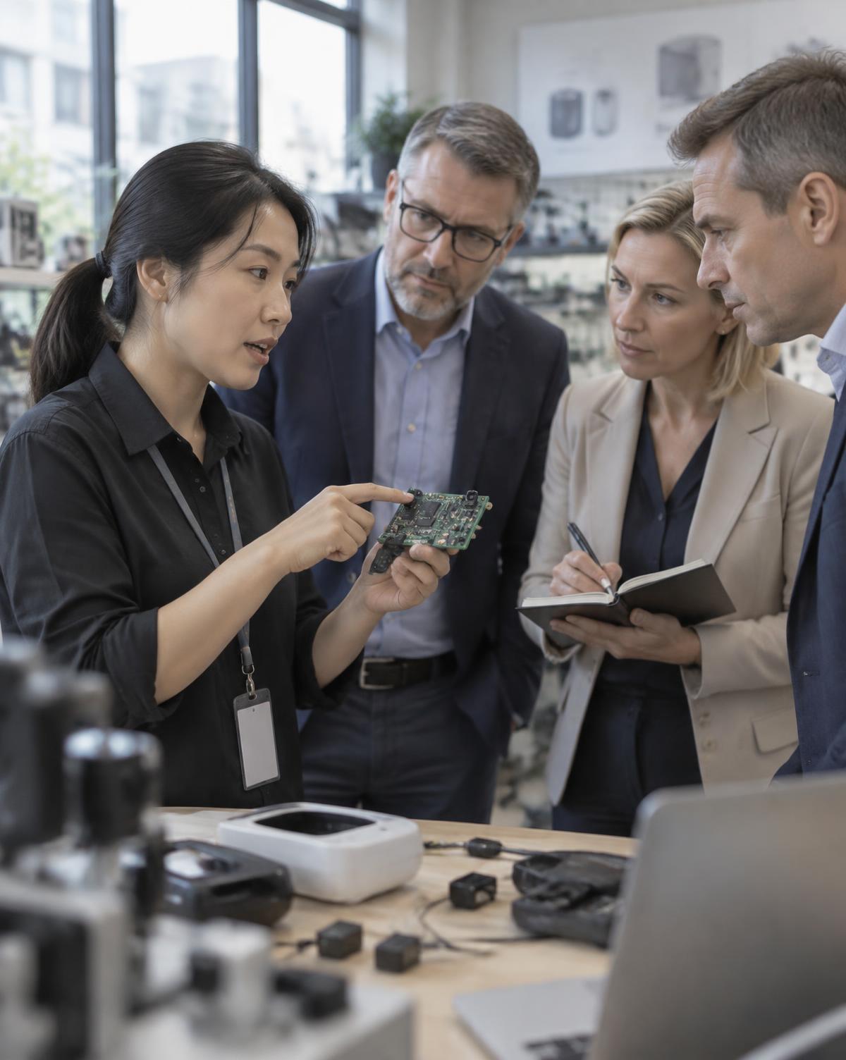 A Chinese engineer explains a circuit-board prototype to three European professionals who listen and take notes