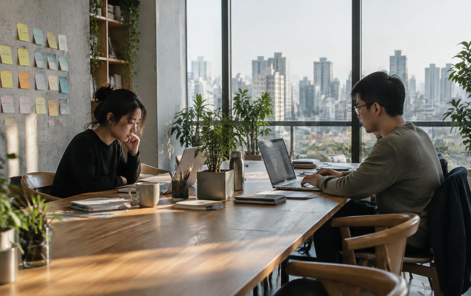 A quiet shared workspace with a long table and a view over a Chinese city