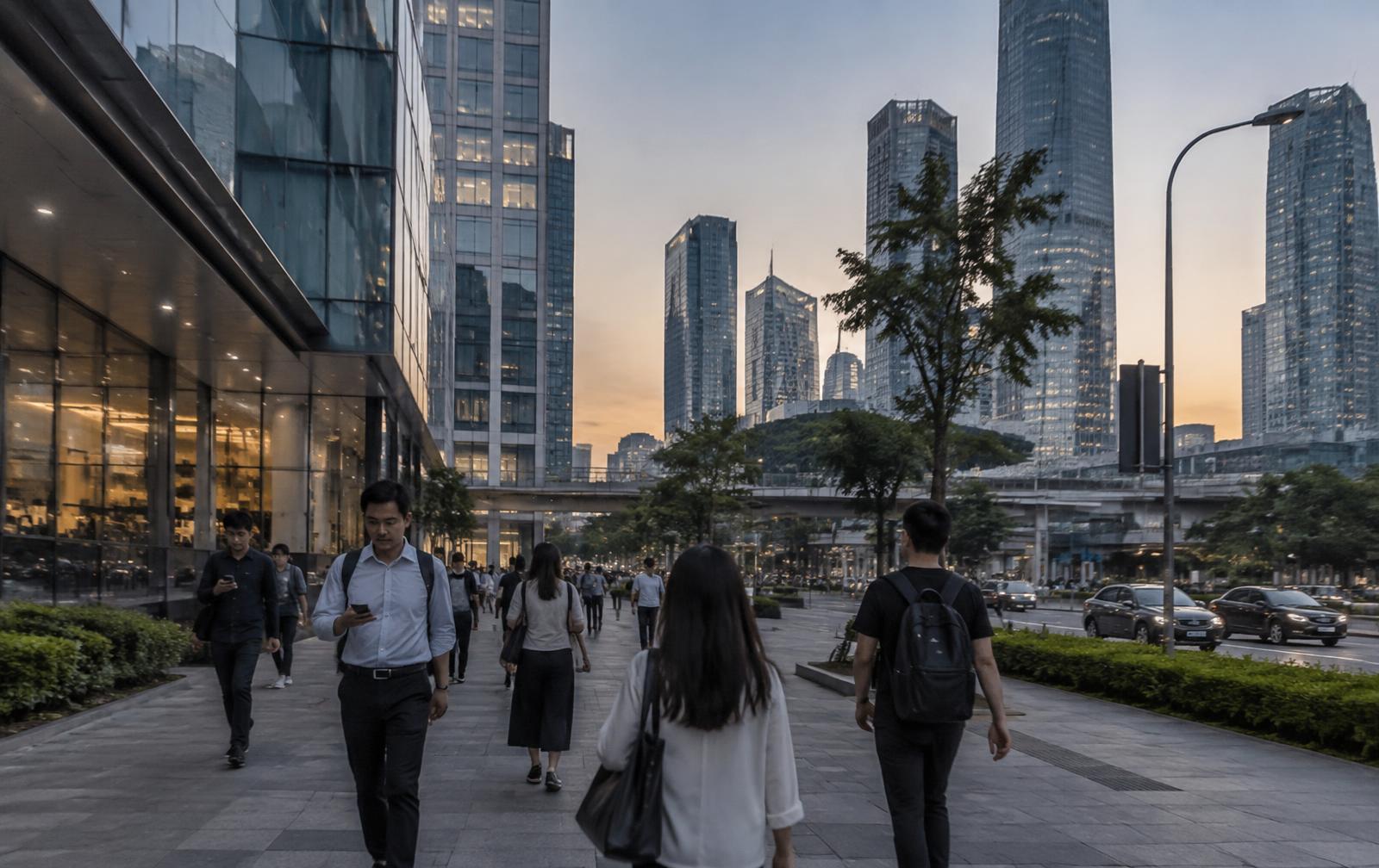 Professionals walking through a contemporary innovation district in southern China at dusk
